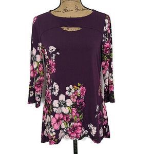 Susan Graver Womens sz XS Top Purple Floral Long Sleeve Keyhole Neck